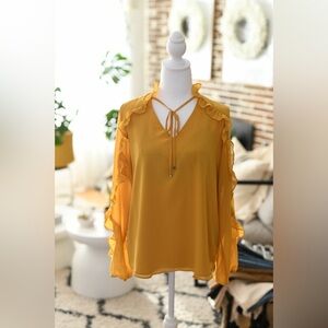 Calvin Klein Golden Ruffle V-Neck Blouse